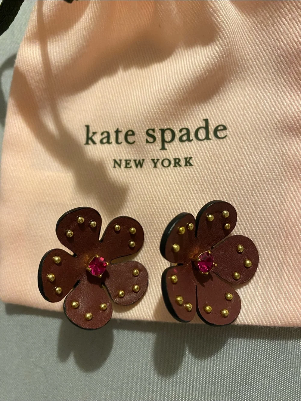 Kate Spade Brown Leather Flower Hair Clips with Pink Gem Centers